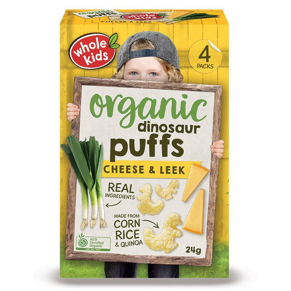 Whole Kids Little Munchkins Organic Dinosaur Puffs Cheese & Leek 6g 4 Pack