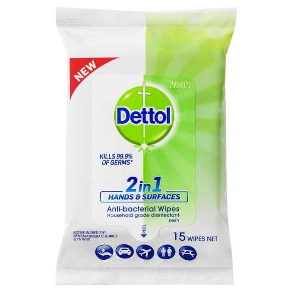 Dettol 2in1 Hands & Surfaces Antibacterial Wipes 15