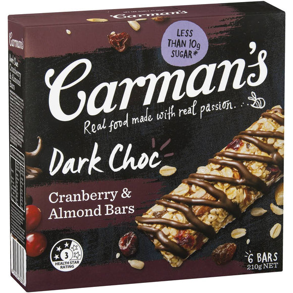 Carman's Dark Choc Cranberry & Almond Muesli Bars 6 pack