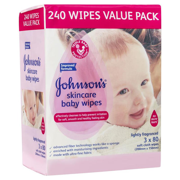 Johnson's Skincare Baby Wipes Lightly Fragranced 3 x 80 Pack