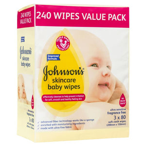 Johnson's Skincare Baby Wipes Fragrance Free 3 x 80 Pack