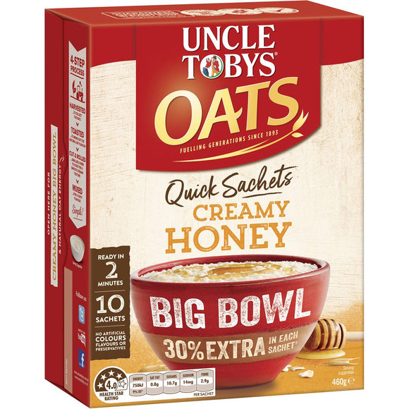 Uncle Tobys Quick Oats Sachets Big Bowl Honey 10pk 460g