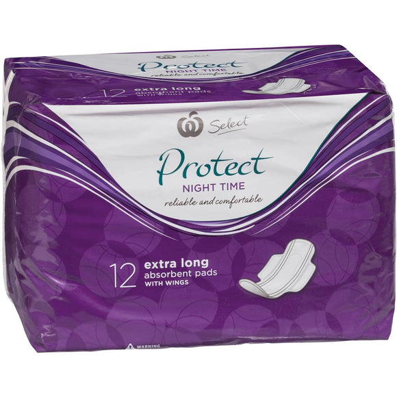 Woolworths Select Protect Night Time Extra Long Pads With Wings 12 pack