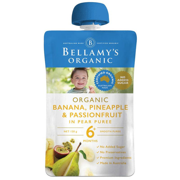 Bellamy's Organic Exotic Fruits Banana/Pineapple & Passionfruit In Pear Puree 120g