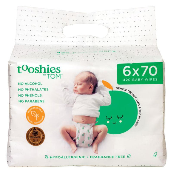 Tooshies By TOM Baby Wipes Fragrance Free 6 x 70 Pack