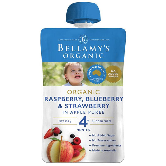 Bellamy's Organic Exotic Fruits Raspberry/Blueberry & Strawberry In Apple Puree 120g